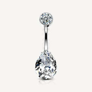 Titanium Pear CZ Belly Button Piercing Ring With Bezel CZ Top
