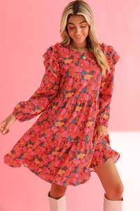 Summer Dresses: Rose Red Boho Floral Print Ruffle Tiered Mini Dress