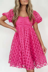 Summer Dresses: Strawberry Pink Checkered Puff Sleeve Babydoll Dress