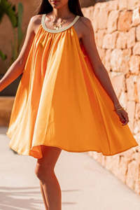 Summer Dresses: Vitality Orange Boho Woven Neckline Sleeveless Babydoll Dress