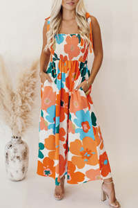 Summer Dresses: Orange Floral Printed Shoulder Tie Smocked Maxi Dress