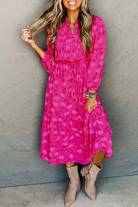 Summer Dresses: Rose Red Floral Print Pleated Drawstring High Waist Midi Dress