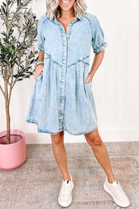 Summer Dresses: Blue Mineral Washed Ruffled Short Sleeve Pocketed Denim Dress