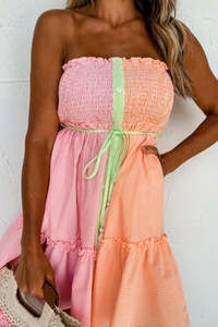 Summer Dresses: Pink Stripe Color Block Smocked Button Front Frilled Strapless Mini Dress
