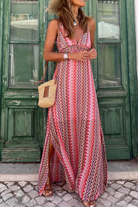 Summer Dresses: Red Halter Boho Print Side Slits Maxi Dress
