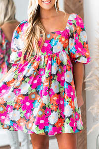 Summer Dresses: Rose Floral Print Square Neck Short Puff Sleeve Dress