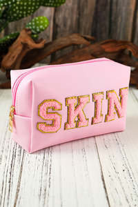 Accessories: Pink Embroidered SKIN Letter Print Makeup Bag