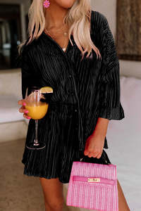 High Waisted Bikini Bottoms: Black Plain Button Up Shirt and High Waisted Shorts Loungewear Set