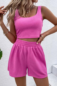High Waisted Bikini Bottoms: Rose Plain Sleeveless High Waisted Corduroy Two Piece Shorts Set