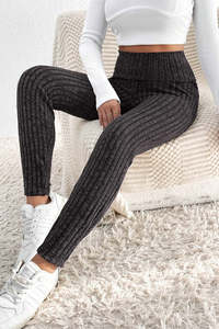 Leggings: Dark Grey Wide Waistband Ribbed Textured Knit Leggings