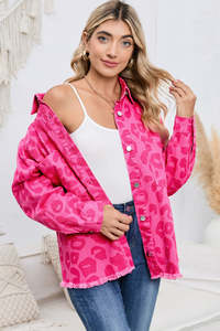 Animal Print: Pink Leopard Print Button Cuffs Raw Hem Jacket