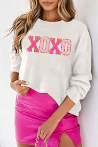 Sweaters: White XOXO Chenille Letter Round Neck Casual Sweater