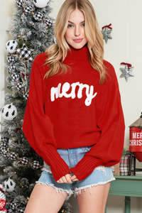Sweaters: Red Turtle Neck Batwing Sleeve Merry Christmas Sweater