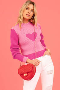 Sweaters: Bright Pink Valentine Colorblock Heart Print Ribbed Sweater