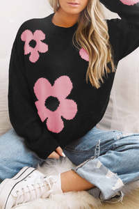 Sweaters: Black Flower Pattern Ribbed Trim Knit Round Neck Sweater