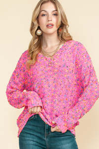 Sweaters: Hot Pink Mixed Color Chunky Knit Sweater