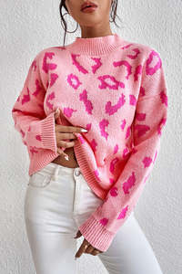 Sweaters: Pirouette Leopard Pattern Mock Neck Ribbed Trim Sweater
