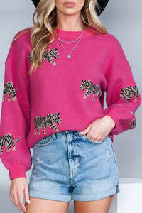 Sweaters: Rose Red Leopard Pattern Drop Shoulder Knit Sweater