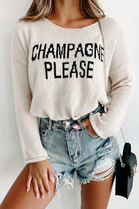 Sweaters: White Champagne Please Letter Pattern Knitted Sweater