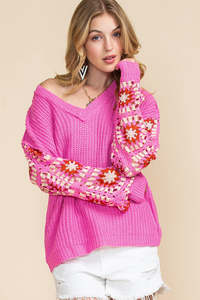 Sweaters: Rose Crochet Long Sleeve Knitted Pullover V Neck Sweater
