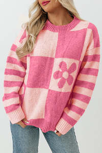 Sweaters: Pink Checkered and Striped Knitted Pullover Sweater