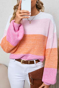 Sweaters: Pink Colorblock Drop Shoulder Pullover Loose Sweater
