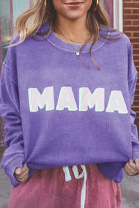 Clothing: Purple MAMA Ribbed Crew Neck Pullover Sweatshirt