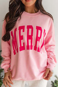 Clothing: Pink MERRY Alphabet Print Loose Fit Christmas Sweatshirt