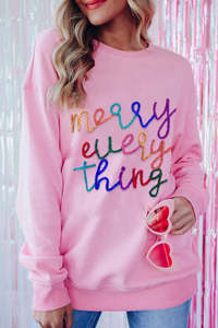 Clothing: Pink Merry Every Thing Glitter Letter Christmas Sweatshirt