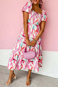 Clothing: Pink Brush Stroke Printed Smocked Ruffle Tiered Dress