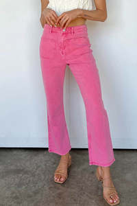 Clothing: Pink Raw Hem Light Wash Flare Mid Rise Pants