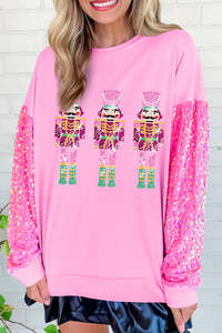 Clothing: Pink Figure Printed Sequin Sleeve Patchwork Graphic Sweatshirt