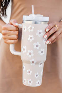 Clothing: Parchment Floret Print Stainless Tumbler With Lid And Straw