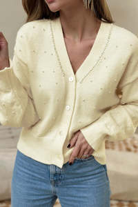 Clothing: White Beaded Buttoned Front Knit Cardigan