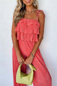 Pale Chestnut Ruffle Tiered Cami Pleated Wide Leg Pants Set