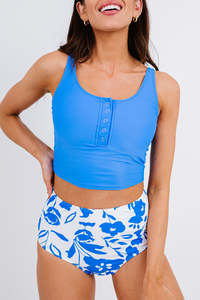 Summer Tops: Blue Sexy Square Neck Sleeveless Floral Print Tankini Swimsuit