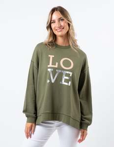 Sweatshirts Hoodies: Stella + Gemma Sunday Sweater Khaki with Blush Love