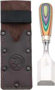 Piranhatools On Wheels Upcoming Tour: Special edition skateboard short chisel in leather belt holster, 35 mm (Two Cherries)