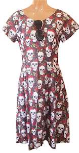 Black Skulls & Red Roses Audrey Dress - Planet Retro Original (Small)