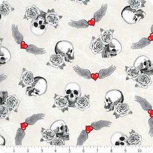 Fabric Textiles: SALE Fabric - Skulls & Winged Hearts (White)