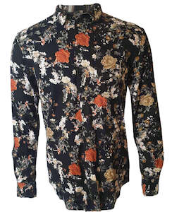 Black Floral Long Sleeved Mens Shirt (Medium)