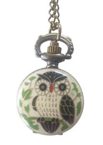 Owl Enamelled Fob Watch Necklace (White)