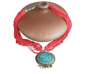 SALE Vintage Nepali Coral Glass & Turquoise Tribal Necklace
