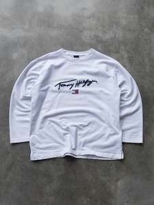 Vintage 00s White Tommy Hilfiger Spell Out Long Sleeve (M)