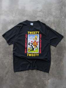 Graphic Tees: Vintage 90s Black Looney Tunes Tweety & Sylvester Stamp Collection Tee (XL)
