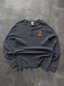 Knitwear: Vintage Grey Mickey Mouse Waffle Knit Henley Long Sleeve (XL)