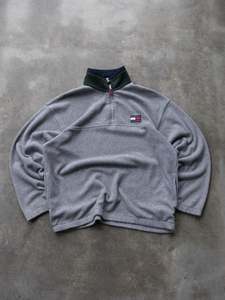 Fleece: Vintage 90s Grey Tommy Hilfiger Fleece Quarter-Zip Sweatshirt (S)