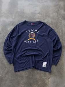 Vintage 90s Navy Tommy Hilfiger Spell Out Long Sleeve (XL)