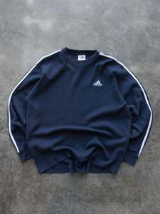 Knitwear: Vintage 00s Navy Adidas Waffle Knit 3-Stripe Long Sleeve (L)