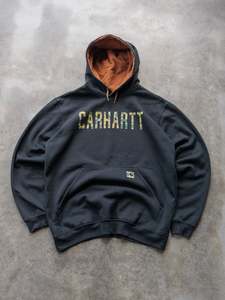 Vintage Camo: Vintage Black Carhartt Camo Spell Out Hoodie (M)